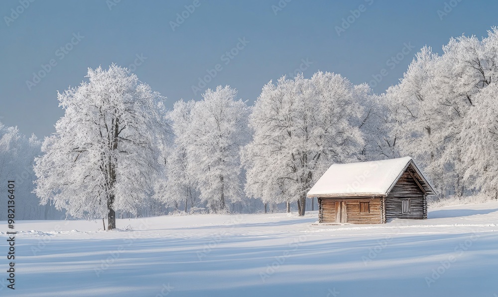 A small cabin is surrounded by trees covered in snow A small cabin is surrounded by trees covered in snow
