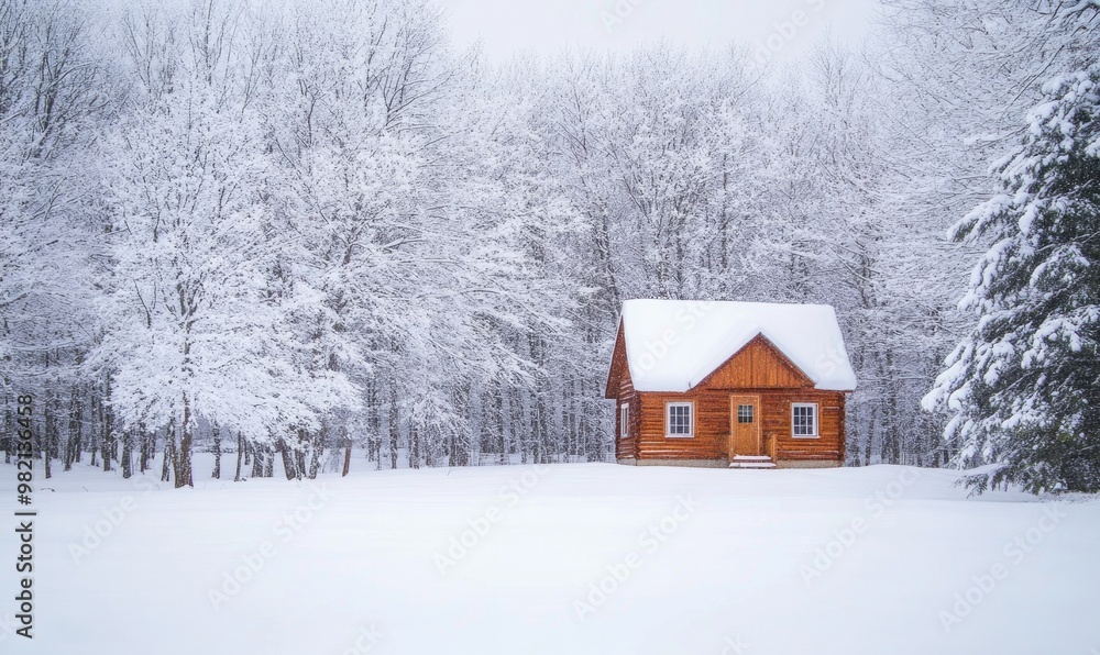 A small cabin in the woods is covered in snow A small cabin in the woods is covered in snow