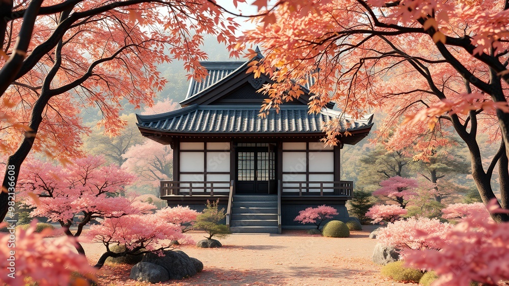 3D realistic, Japanese tea house in autumn garden pastel tones 3D realistic, Japanese tea house in autumn garden pastel tones