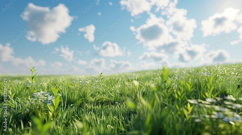 Scenic Green Meadow Under a Bright Blue Sky with Fluffy Clouds, Perfect for Nature Lovers and Backgrounds Scenic Green Meadow Under a Bright Blue Sky with Fluffy Clouds, Perfect for Nature Lovers and Backgrounds