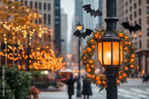 Halloween Street Lamp: A festive street lamp adorned with a spooky wreath and bat decorations illuminates the city street, creating a warm and inviting atmosphere for Halloween celebrations.   photo