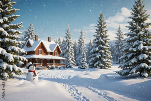 A cute snowman in the snow, with a hat and scarf on the background of a winter landscape with trees and houses. The concept of Christmas and New Year.