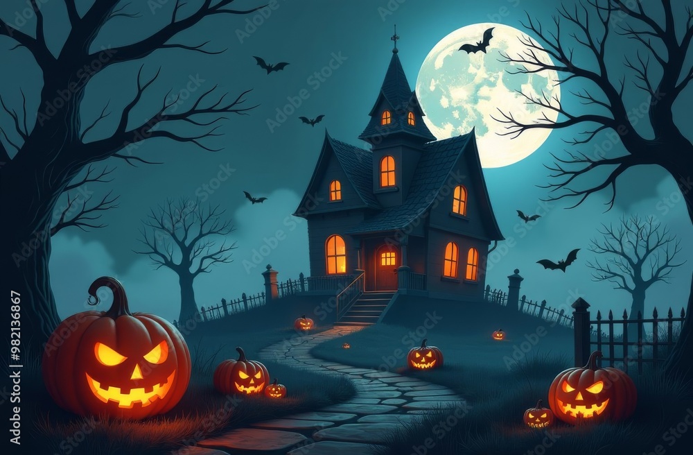Halloween with pumpkin jack o lanterns, bats, ghosts and cemetery theme, background. Premium illustration for greetings and Halloween celebrations. Halloween with pumpkin jack o lanterns, bats, ghosts and cemetery theme, background. Premium illustration for greetings and Halloween celebrations.