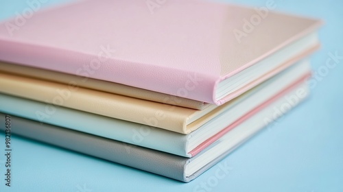 A close-up view of a stack of notebooks in pink, beige, and grey tones, arranged neatly against a light blue background. The soft pastel colors give a calm and stylish feel, ideal for educational