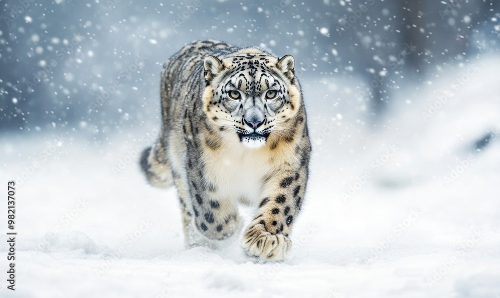 A snow leopard is walking through the snow A snow leopard is walking through the snow
