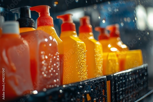 A close-up of several bright orange shampoo bottles lined up, with water droplets glistening on their surfaces, capturing a moment of freshness and cleanliness