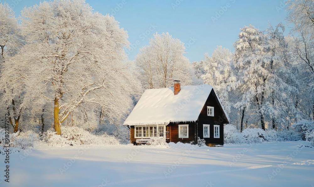 A small house with a chimney sits in a snowy field A small house with a chimney sits in a snowy field