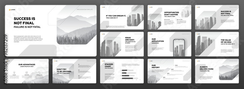 Minimalistic Powerpoint presentation template set. Modern Keynote presentation background, brochure cover design, brand guidelines, proposal presentation, annual report, company profile, pitch deck.
