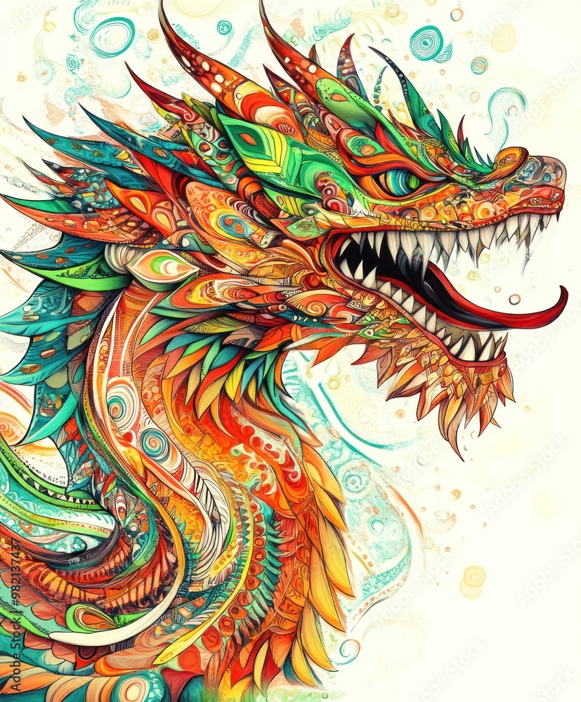 A vibrant, artistic dragon illustration featuring intricate patterns and bold colors. A vibrant, artistic dragon illustration featuring intricate patterns and bold colors.