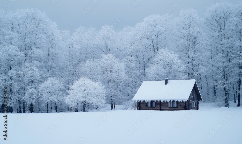 A small cabin is surrounded by trees covered in snow A small cabin is surrounded by trees covered in snow