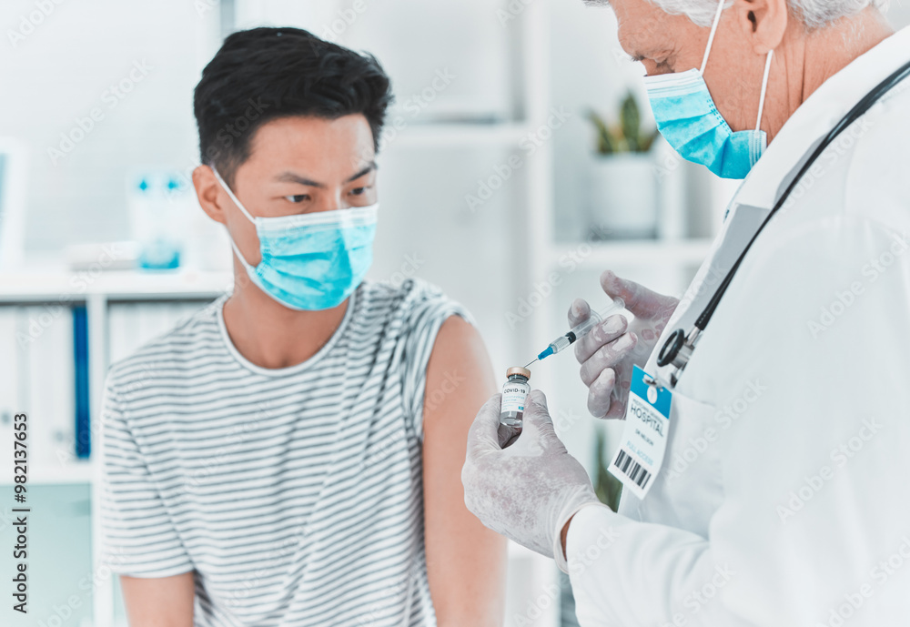Face mask, injection and doctor in hospital with patient for vaccine, virus protection and immunity. Healthcare, medical clinic and person with needle for monkey pox treatment, medicine and wellness Face mask, injection and doctor in hospital with patient for vaccine, virus protection and immunity. Healthcare, medical clinic and person with needle for monkey pox treatment, medicine and wellness