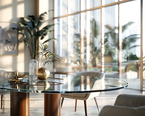 A modern dining area with a glass-top table sleek chairs and a decorative centerpiece set in a room with large windows photo