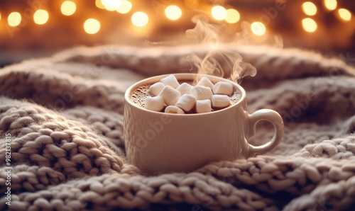 A white mug with marshmallows in it sits on a blanket