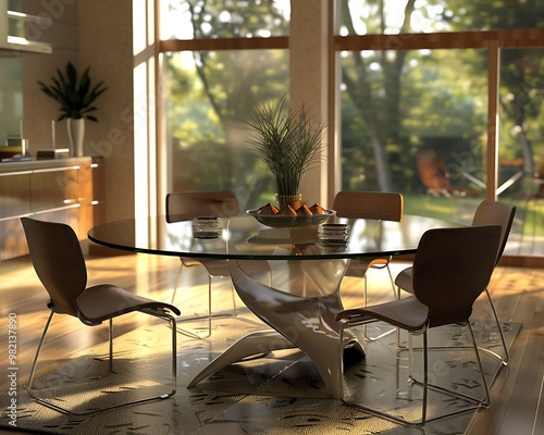 A modern dining area with a glass-top table sleek chairs and a decorative centerpiece set in a room with large windows photo