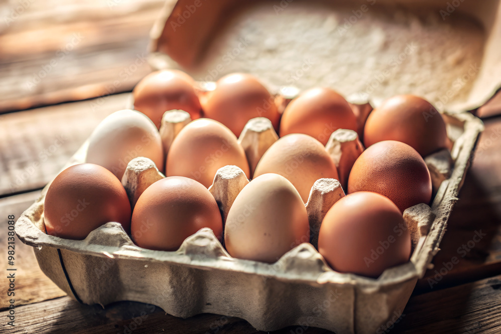 Dozen brown organic eggs in an open carton box Dozen brown organic eggs in an open carton box