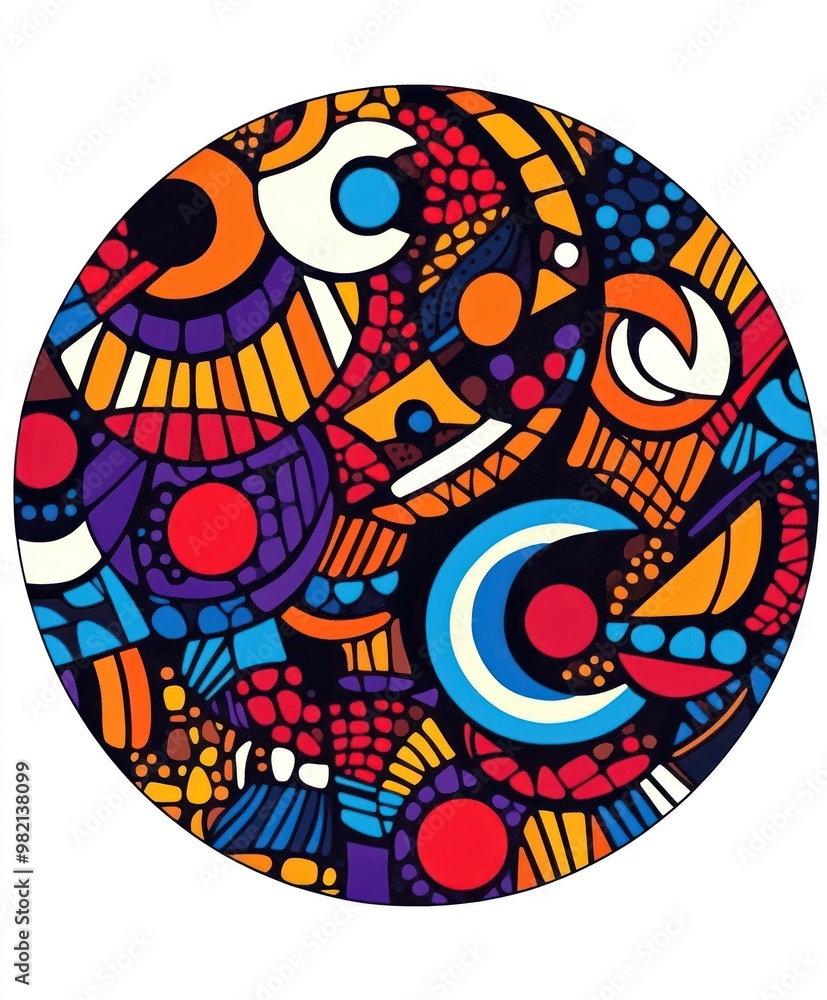 A vibrant circular abstract design featuring colorful patterns and shapes. A vibrant circular abstract design featuring colorful patterns and shapes.