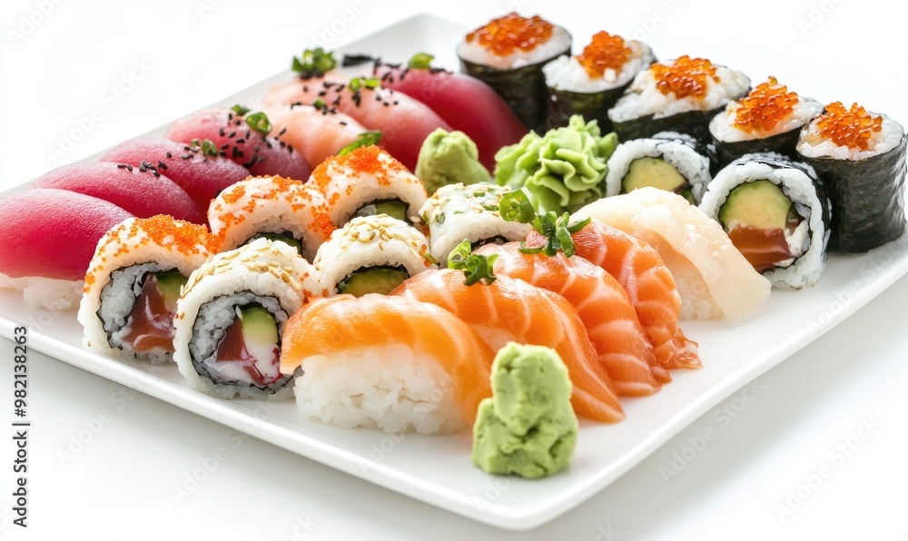 A plate of assorted sushi with avocado and other ingredients A plate of assorted sushi with avocado and other ingredients