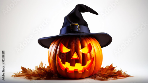 HALLOWEEN PUMPKIN WITH HAT ON WHITE BACKGROUND