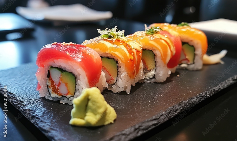 A plate of sushi with a green sauce on top A plate of sushi with a green sauce on top
