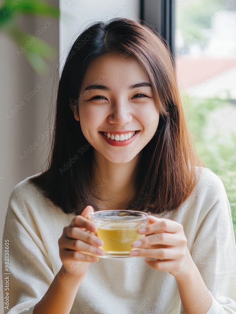 Happy Woman Enjoying Tea in a Cozy Cafe Setting Happy Woman Enjoying Tea in a Cozy Cafe Setting