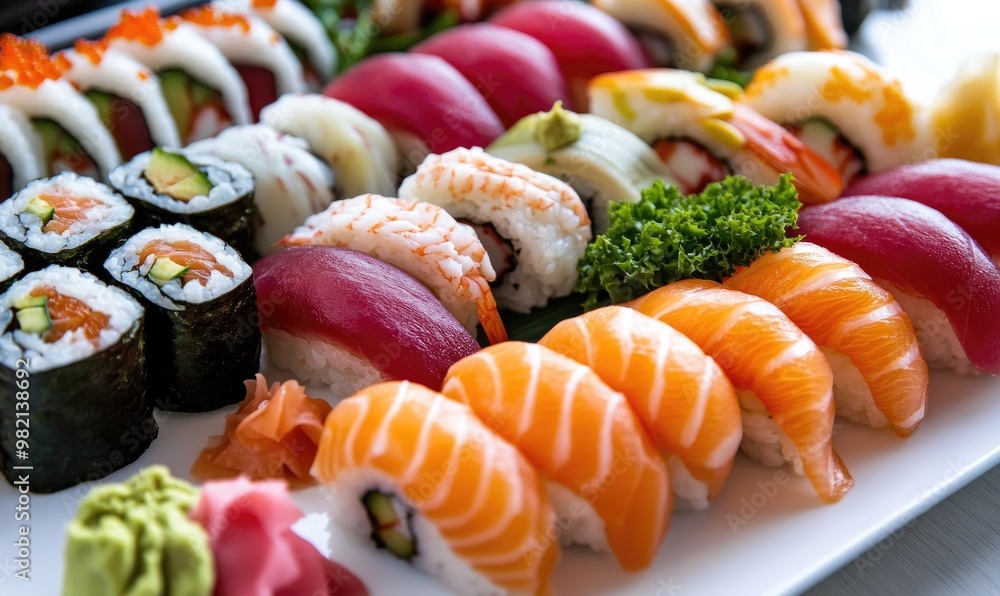 A plate of assorted sushi rolls, including some with avocado A plate of assorted sushi rolls, including some with avocado