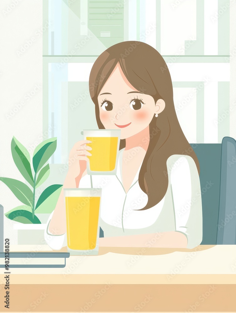 Woman Enjoying Refreshing Drink at Modern Office Desk Woman Enjoying Refreshing Drink at Modern Office Desk