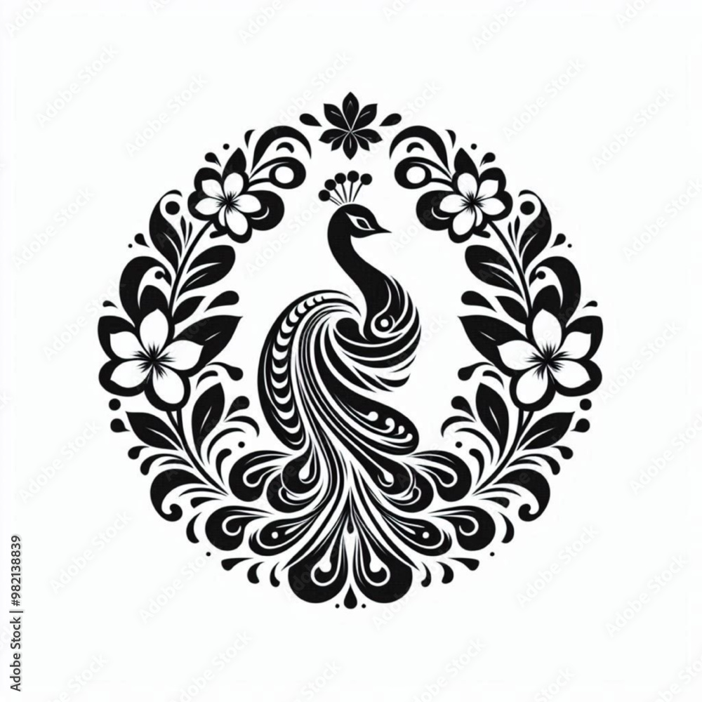 black and white peacock illustration with batik pattern combination black and white peacock illustration with batik pattern combination