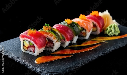 A sushi roll with a variety of colorful ingredients, including avocado, cucumber