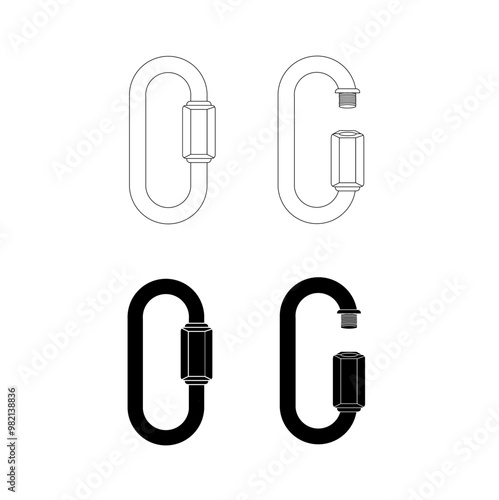 Metal Oval Connector with Screw Lock – Black and White Mechanical Illustration
