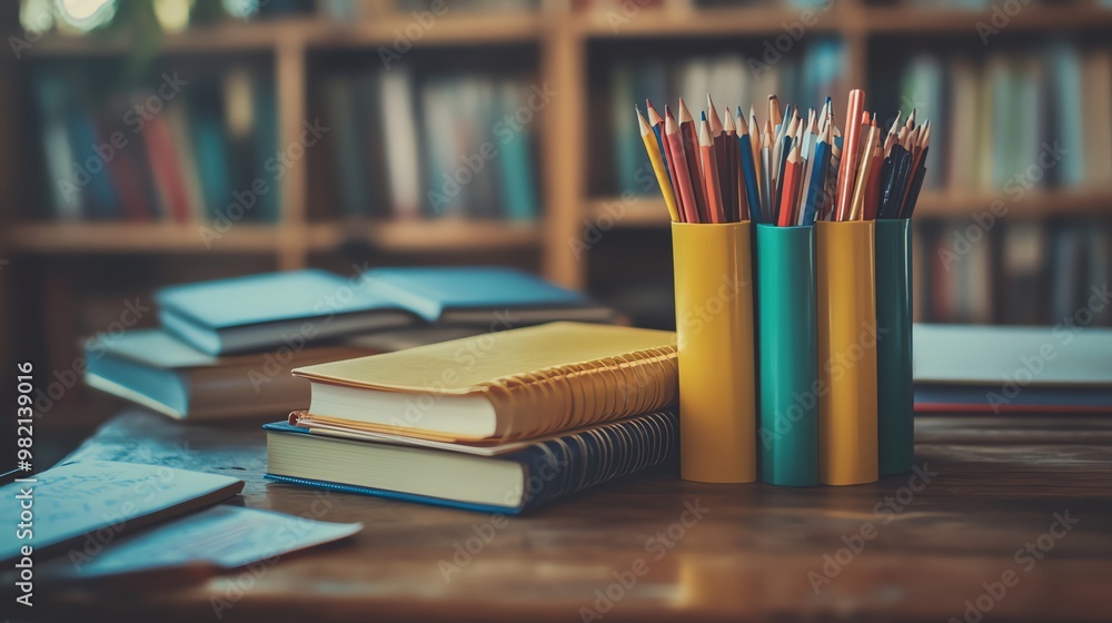 A stack of books, colored pencils and a notebook on a wooden desk in a library. A stack of books, colored pencils and a notebook on a wooden desk in a library.