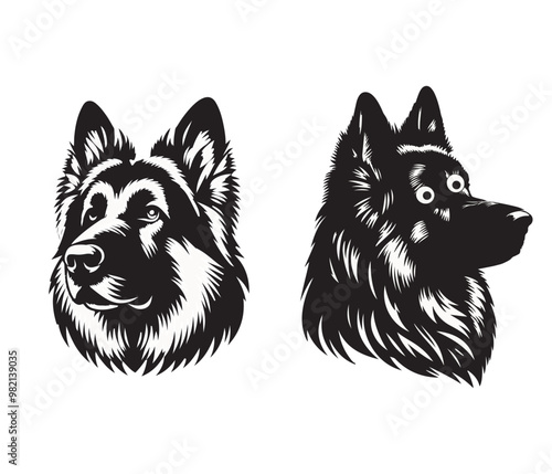 German Shepherd dog breed head vector illustration. Pet portrait in style of hand drawn black doodle on white background