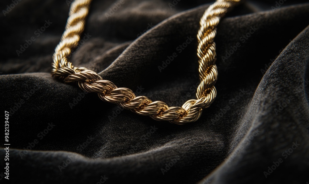 A gold chain necklace is laying on a black cloth A gold chain necklace is laying on a black cloth