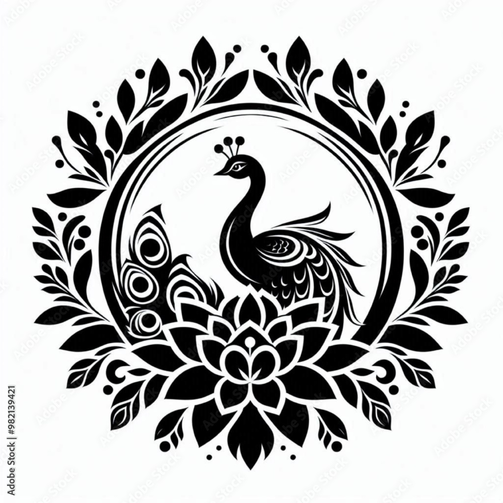 black and white peacock illustration with batik pattern combination black and white peacock illustration with batik pattern combination