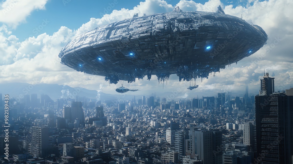 A large, futuristic spacecraft hovers over a sprawling city. A large, futuristic spacecraft hovers over a sprawling city.
