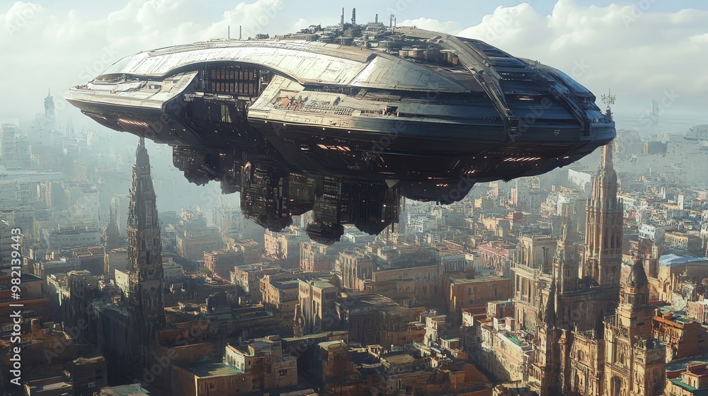 Futuristic spaceship hovering over a city. Futuristic spaceship hovering over a city.
