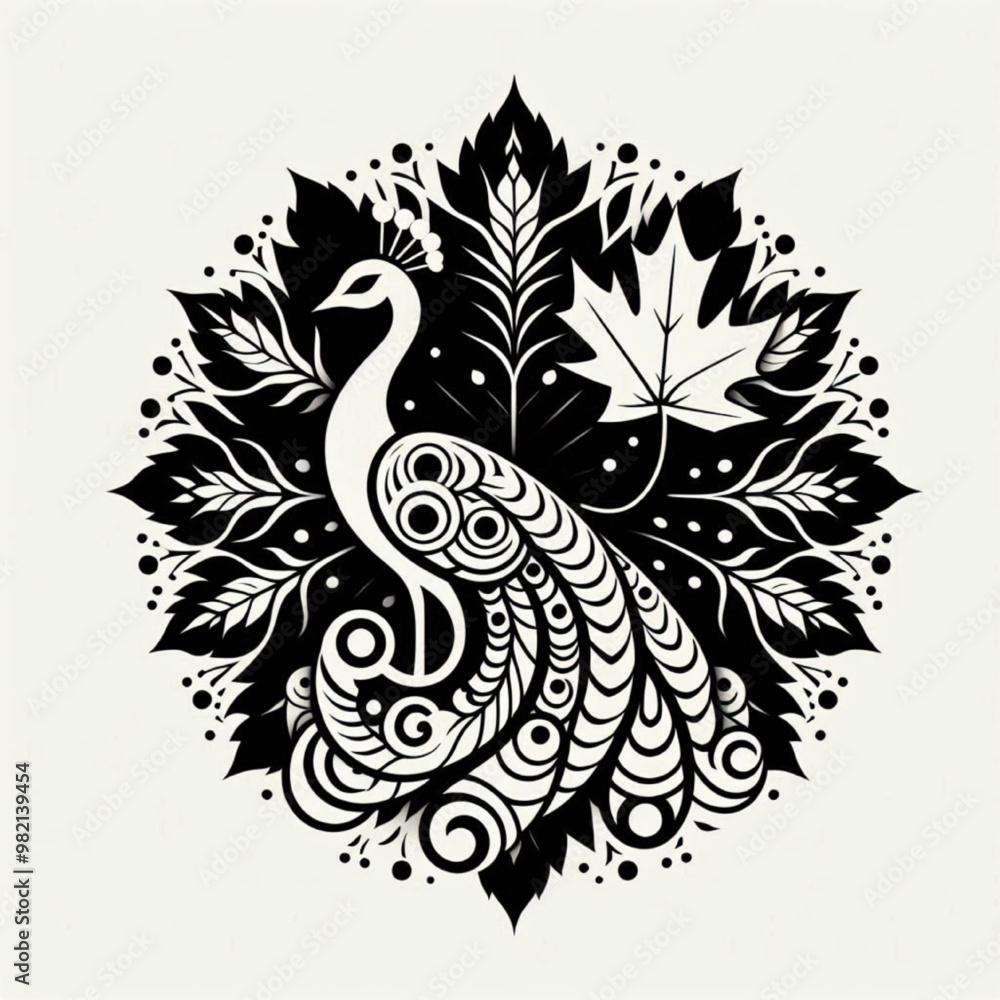black and white peacock illustration with batik pattern combination black and white peacock illustration with batik pattern combination