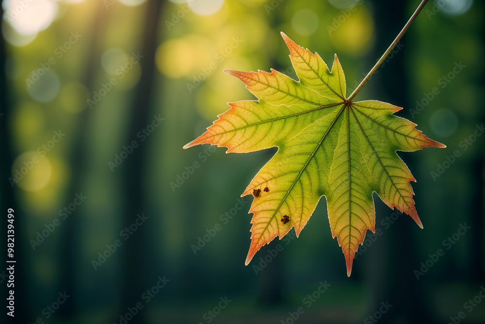 A beautiful maple leaf is gracefully hanging from a tree branch in the woods A beautiful maple leaf is gracefully hanging from a tree branch in the woods