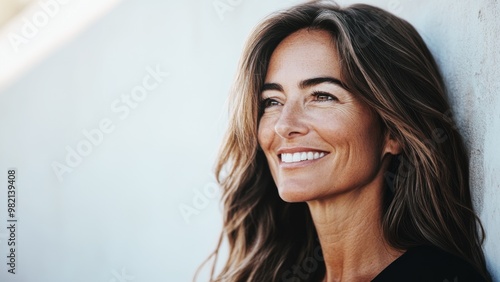 Obraz na płótnie confident mature woman smiling outdoors, enjoying sunlight with natural beauty and long flowing hair, healthy skin w salonie