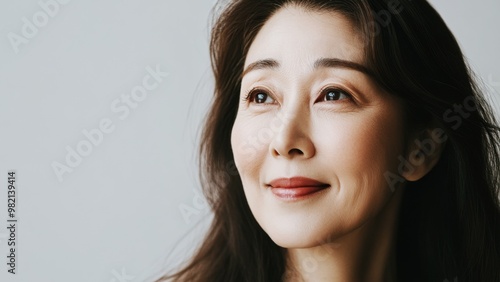 mature Korean woman with soft smile and glowing skin looking up, banner with copy space