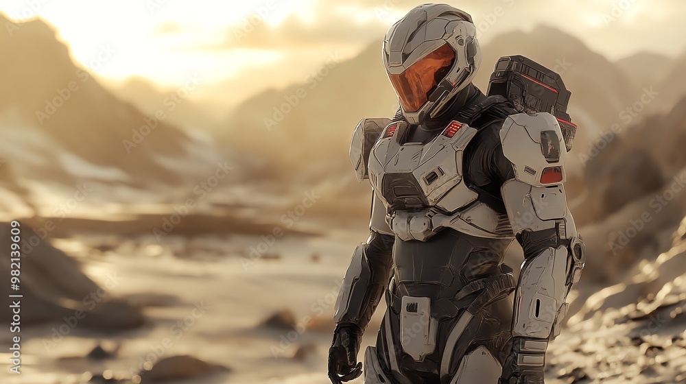 Futuristic soldier in white armor standing in a desert landscape. Futuristic soldier in white armor standing in a desert landscape.