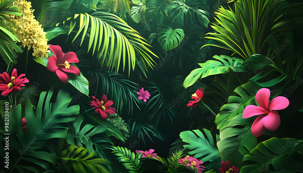 A lush jungle scene with vibrant green leaves and exotic flowers, bringing the warmth of the tropics to your screen A lush jungle scene with vibrant green leaves and exotic flowers, bringing the warmth of the tropics to your screen