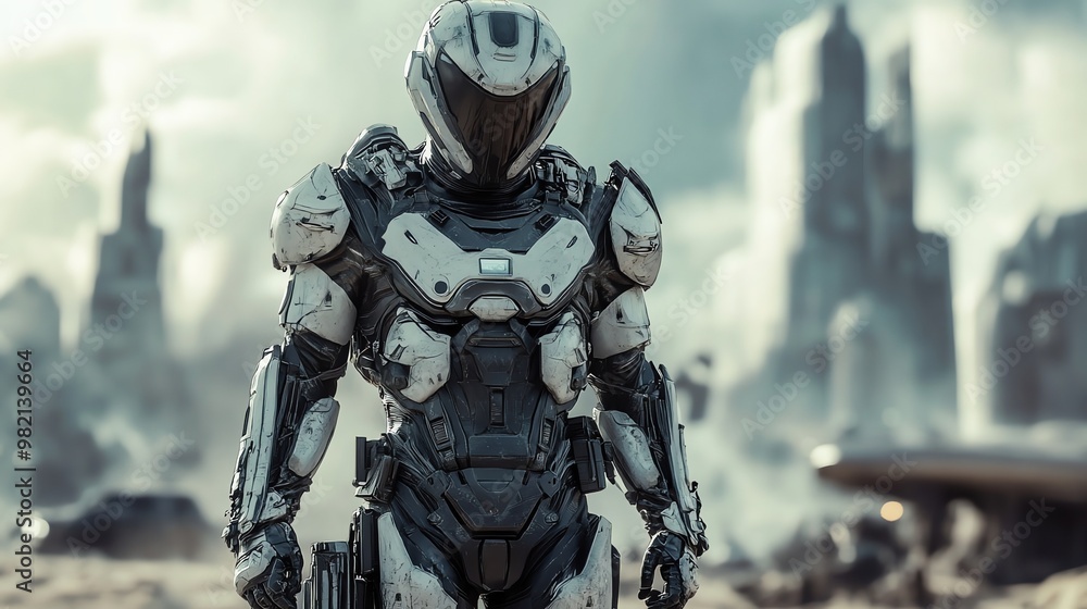A futuristic soldier in a white and black exosuit stands in a post-apocalyptic cityscape. A futuristic soldier in a white and black exosuit stands in a post-apocalyptic cityscape.