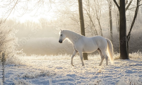 A white horse is walking through a snowy field