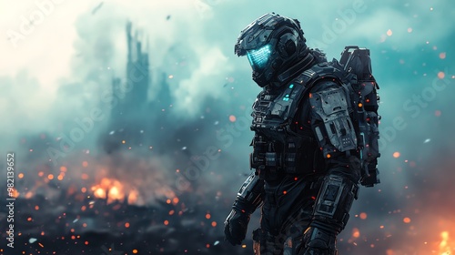 A futuristic soldier stands in a war-torn environment, wearing advanced armor.