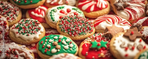 Colorful holiday cookies decorated with icing and sprinkles, perfect for festive celebrations and sweet treats during Christmas.