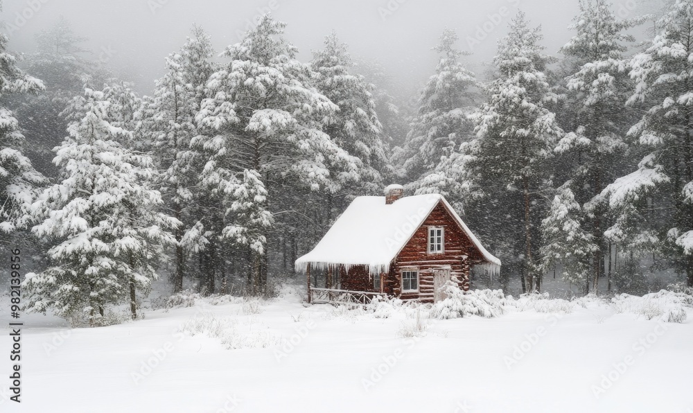 A small cabin is surrounded by trees covered in snow A small cabin is surrounded by trees covered in snow
