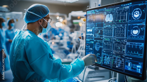 Modern hospital room with advanced monitoring equipment and empty patient bed in a busy medical facility during evening hours