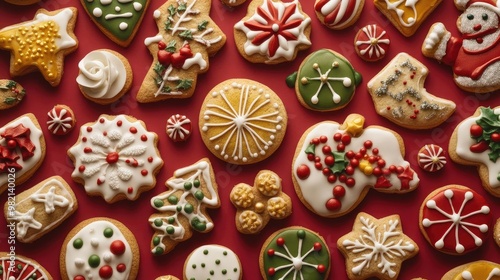 A festive collection of beautifully decorated Christmas cookies arranged on a vibrant red background, perfect for holiday spirit.