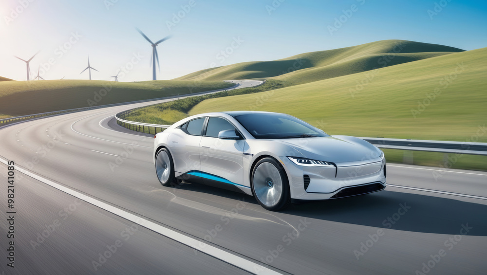 futuristic eco-friendly car a wide highway futuristic eco-friendly car a wide highway