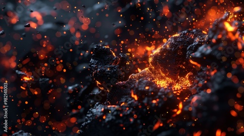 Glowing Lava Rocks and Fiery Sparks in an Active Volcano, Captivating Geological Phenomenon